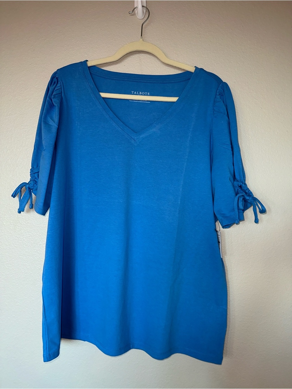 Talbots 100% Cotton Bright Blue V-Neck Short Sleeve Top with Tie Sleeves